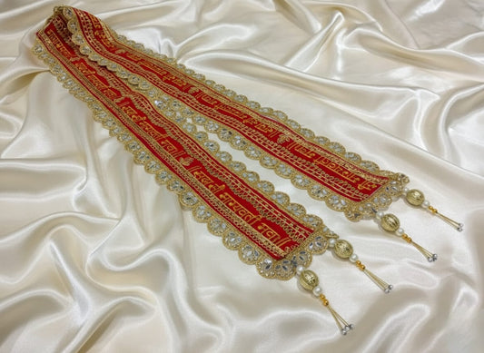 Craftifys Premium “Sada Saubhagyavati Bhava” Patka for Females – Red & Golden Velvet Welcome Patka with Zari, Mirror Work & Tassels | Ladies Shagun & Wedding Ceremony Patka)