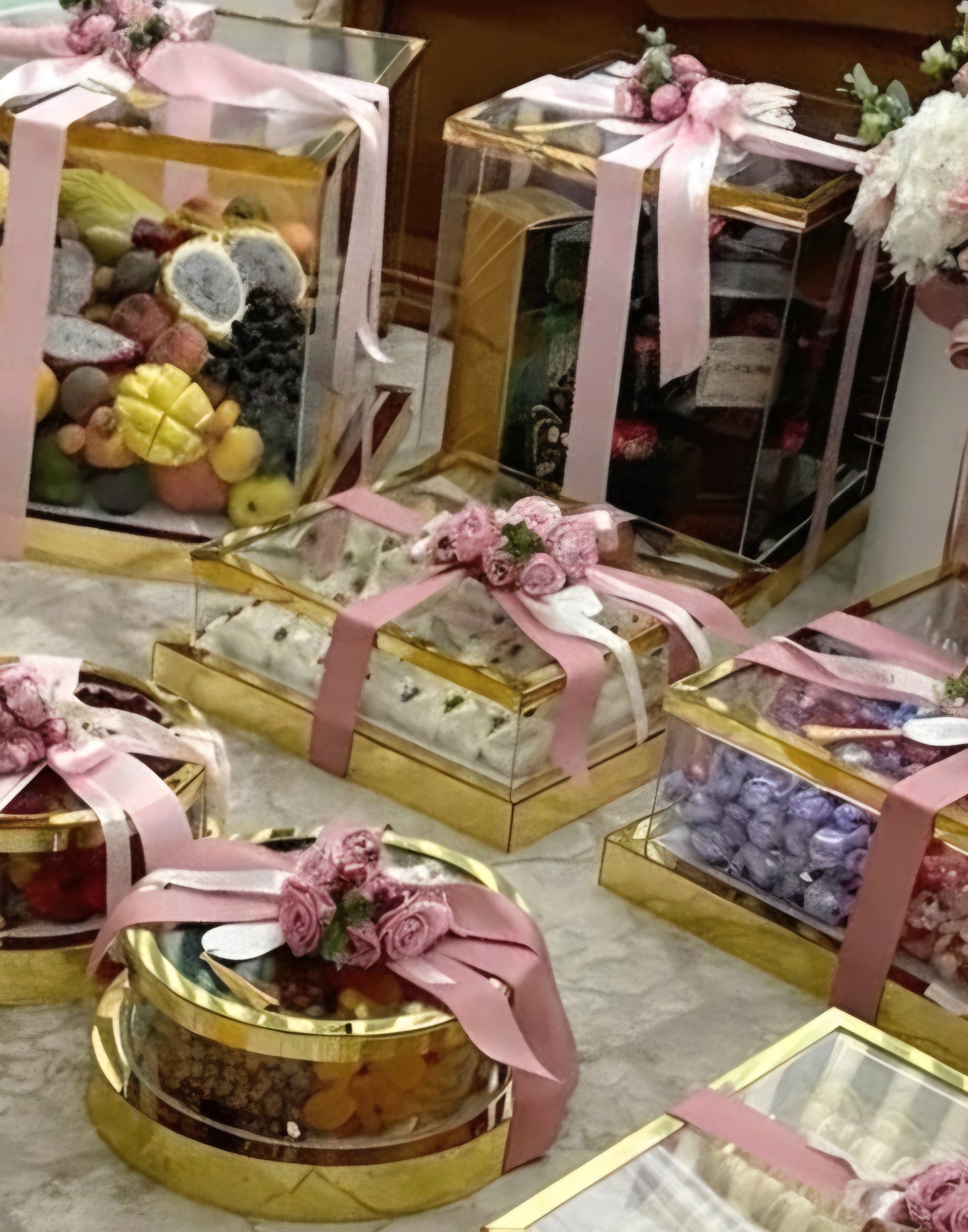 Premium Handcrafted Acrylic Gift Boxes with Golden Base & Floral Ribbon Detailing