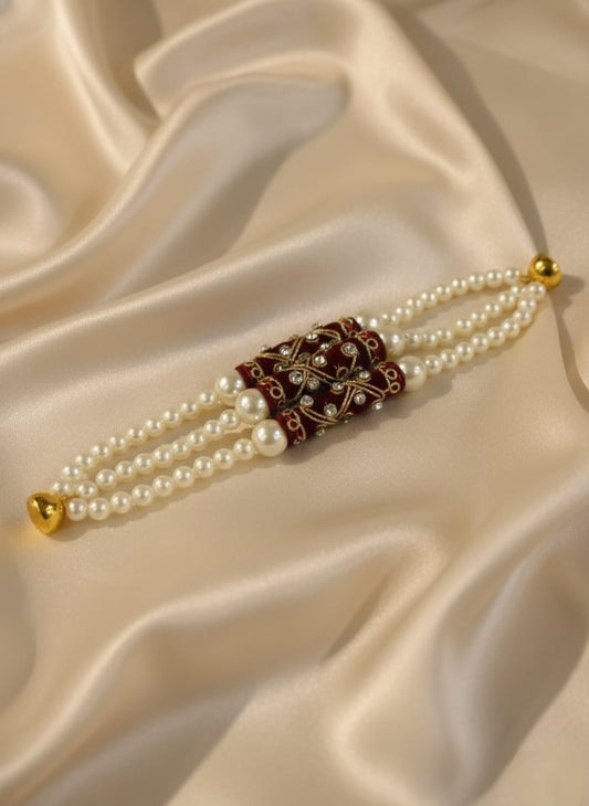 Craftifys Pearl Kundan Bracelet with Heavy-Duty Magnetic Lock – Handmade Multi-Strand Velvet Kundan Kada for Weddings (Pack of 10)