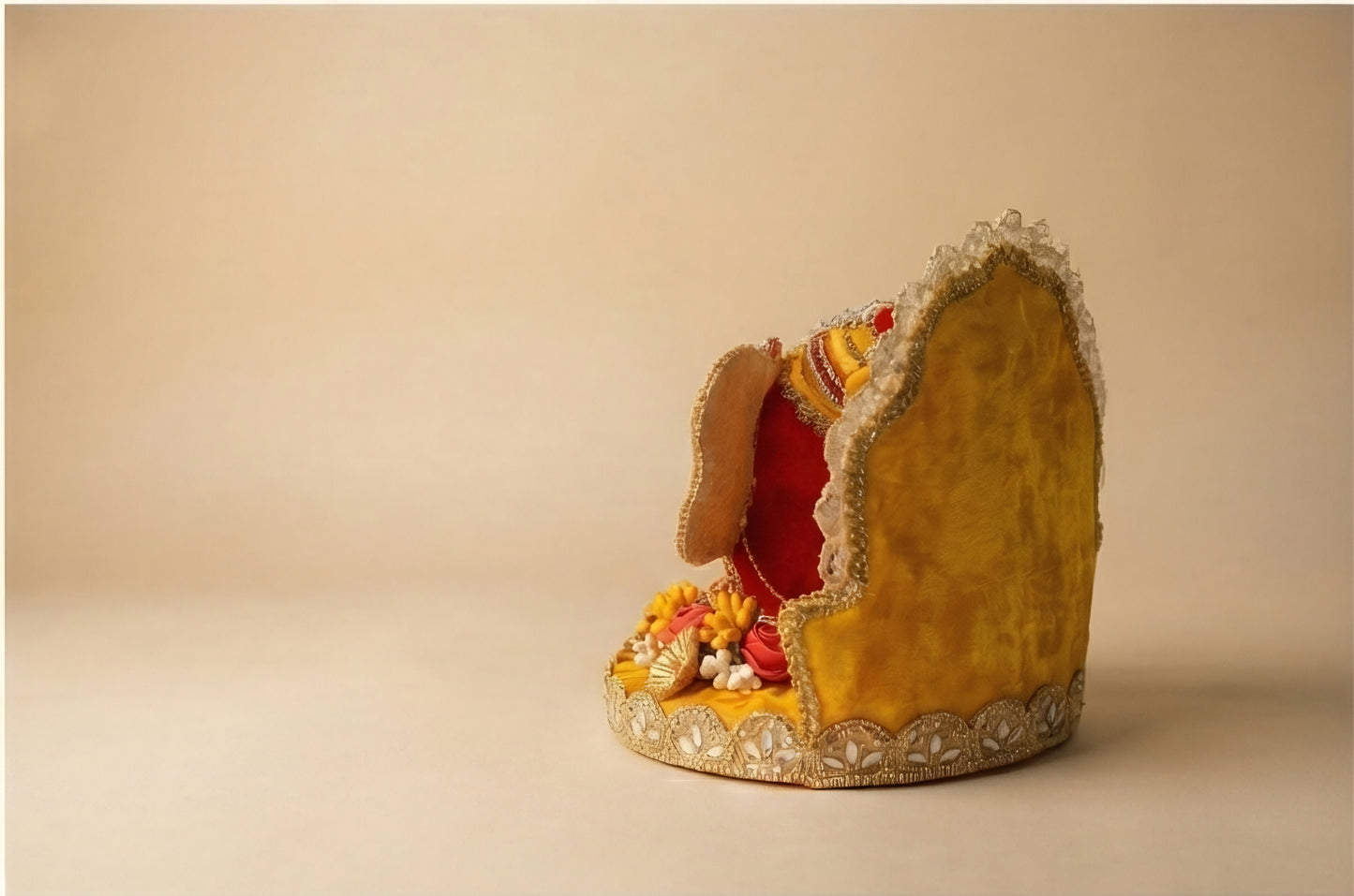 Handcrafted Velvet Nariyal Ganesh Ji Idol with Floral Singhasan