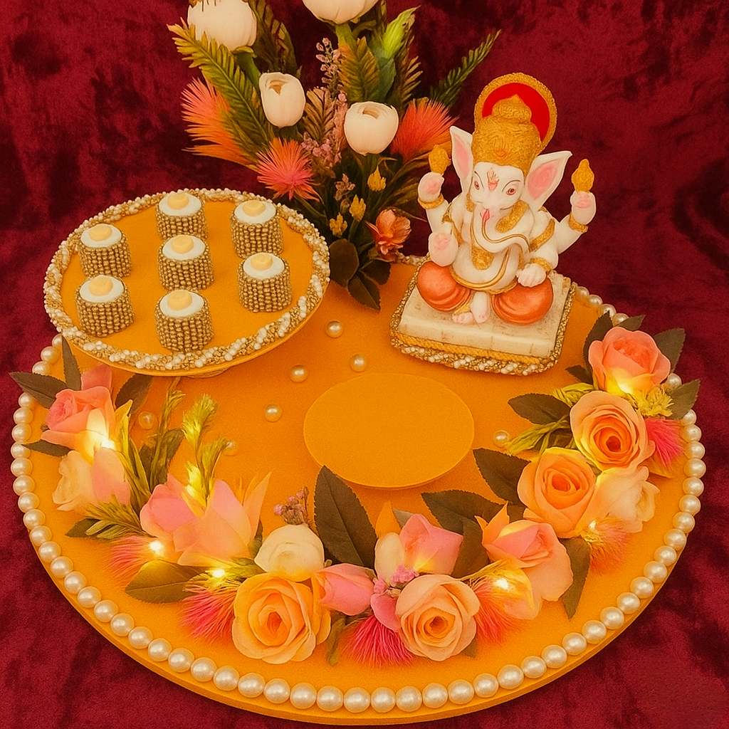 Luxury Silver Coin (Ginni) Platter with Real Wooden Base & Floral Décor