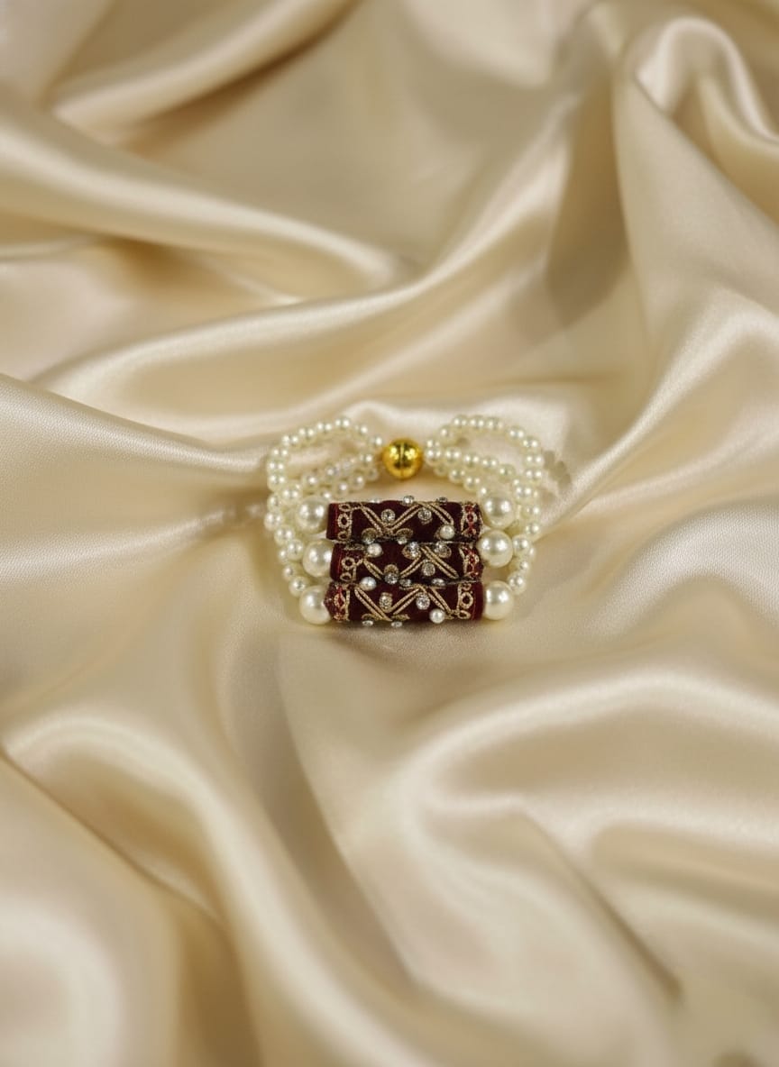 Craftifys Pearl Kundan Bracelet with Heavy-Duty Magnetic Lock – Handmade Multi-Strand Velvet Kundan Kada for Weddings (Pack of 10)