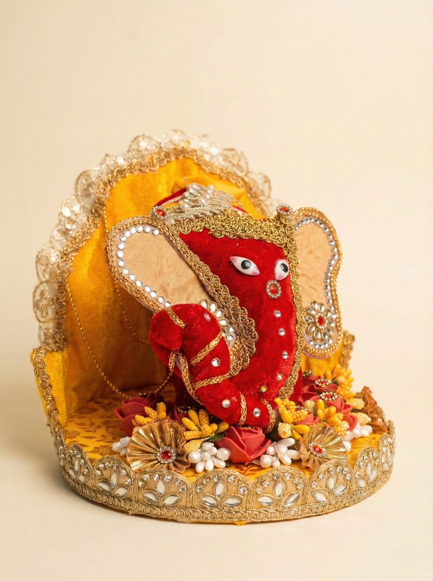 Handcrafted Velvet Nariyal Ganesh Ji Idol with Floral Singhasan
