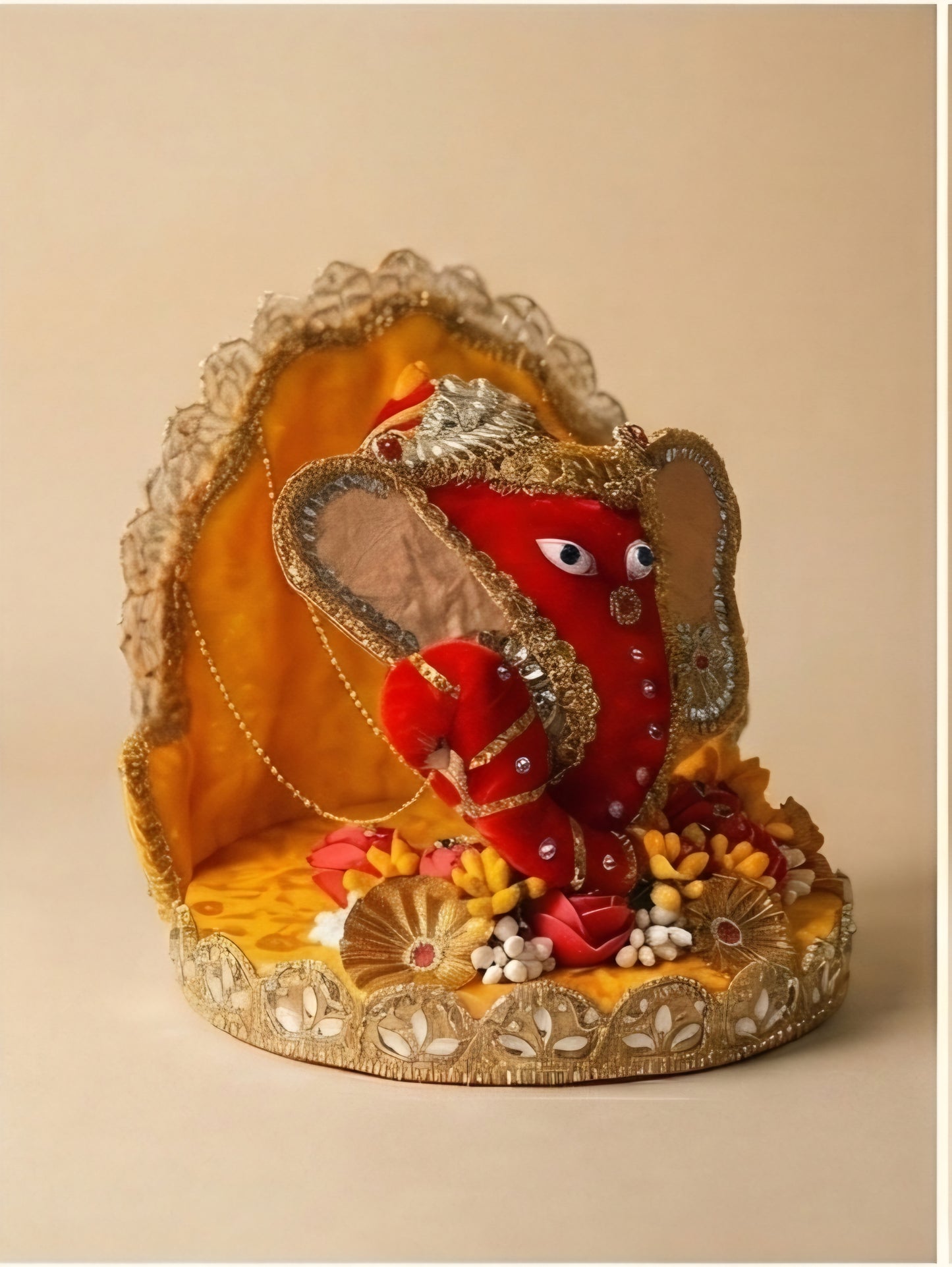 Handcrafted Velvet Nariyal Ganesh Ji Idol with Floral Singhasan