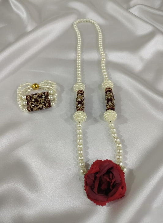 Craftifys™ Rose Flower Mala & Pearl Bracelet Set with Magnetic Lock – Unisex Wedding Floral Jewellery for Groom, Bride, Bridesmaids & Baraat Welcome | Pack of 10