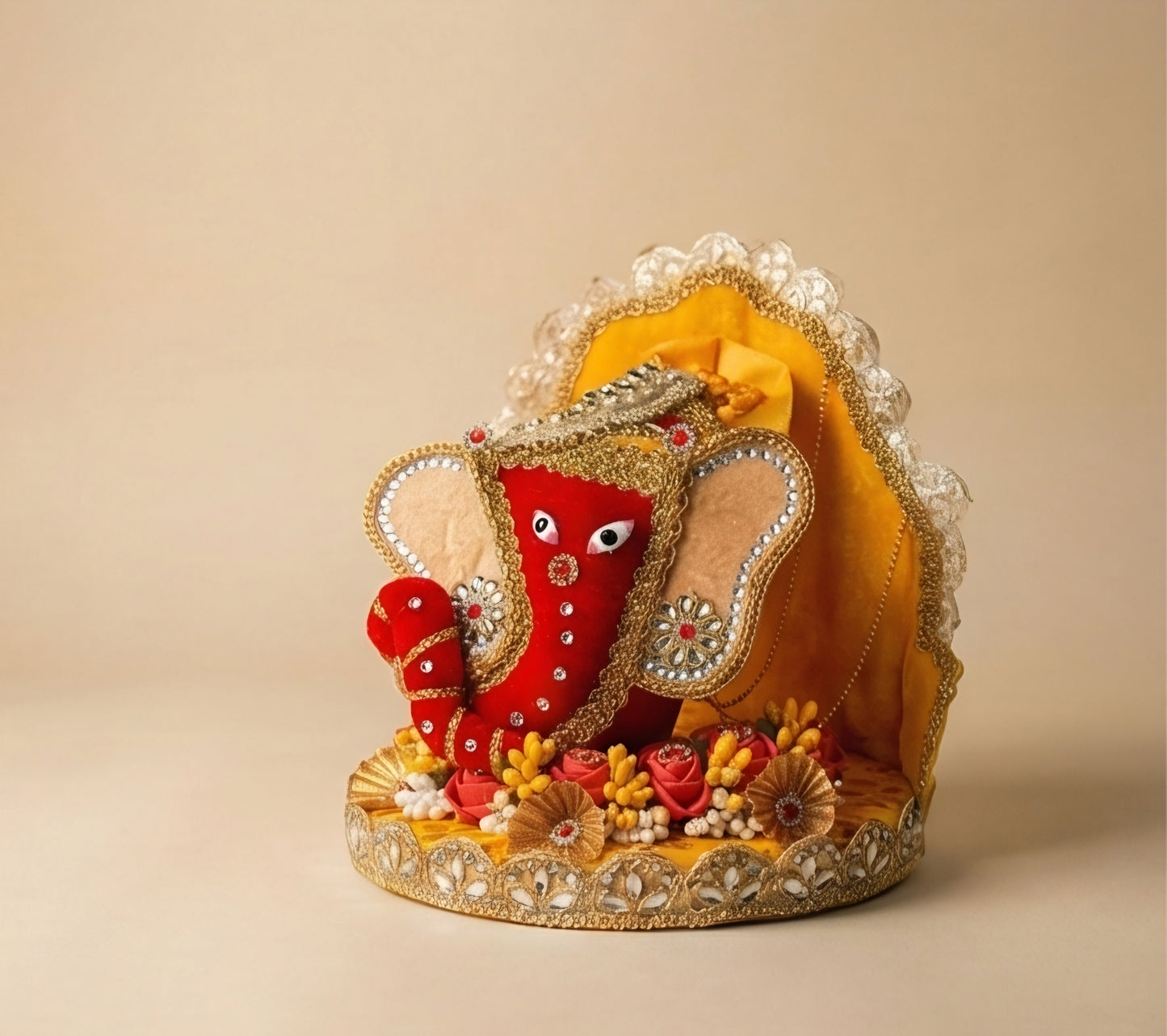 Handcrafted Velvet Nariyal Ganesh Ji Idol with Floral Singhasan
