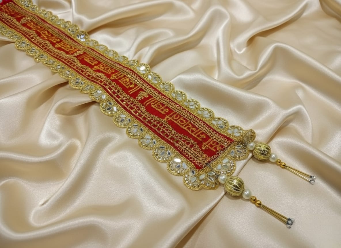 Craftifys Premium “Sada Saubhagyavati Bhava” Patka for Females – Red & Golden Velvet Welcome Patka with Zari, Mirror Work & Tassels  | Ladies Shagun & Wedding Ceremony Patka)