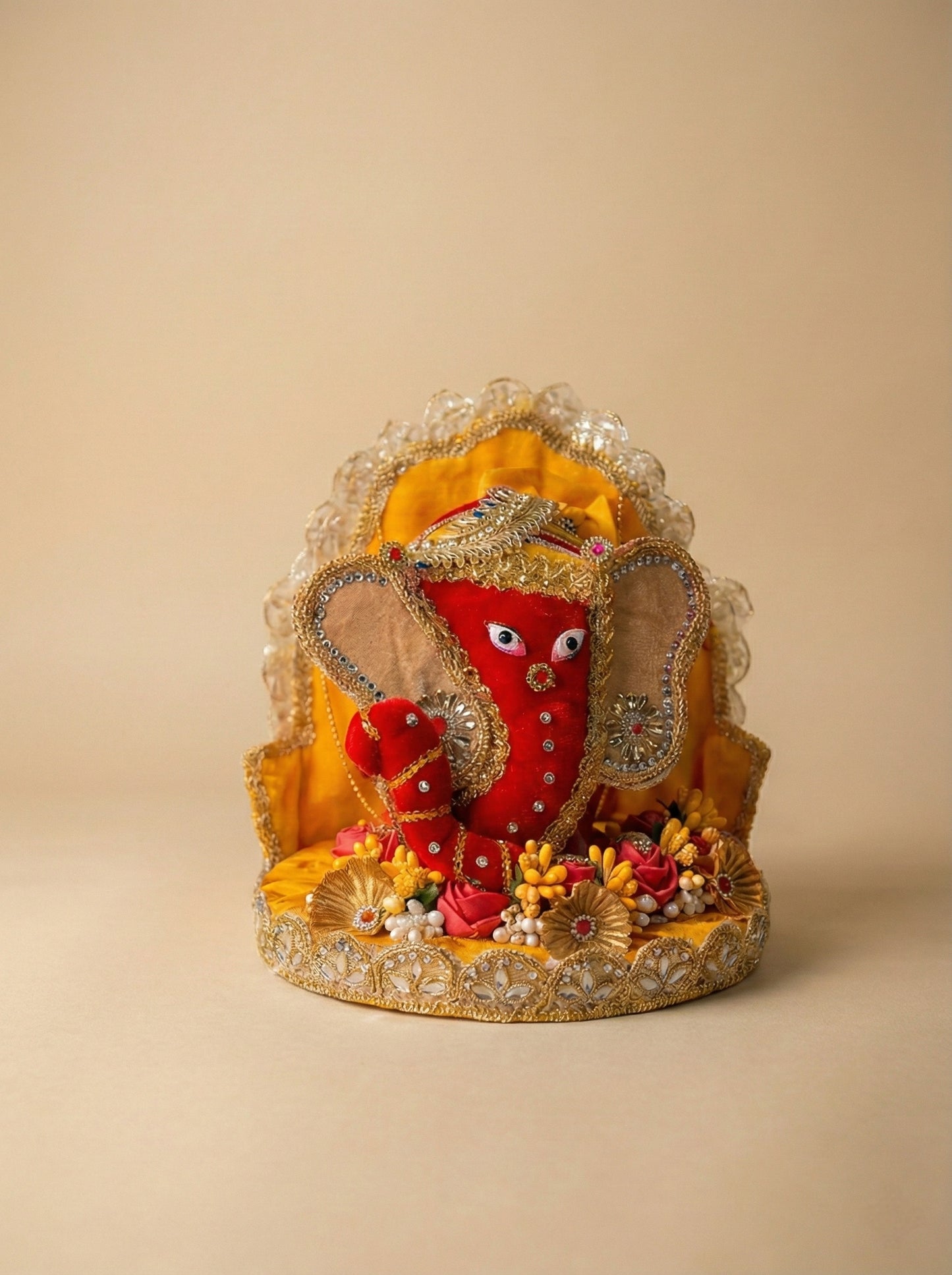 Handcrafted Velvet Nariyal Ganesh Ji Idol with Floral Singhasan