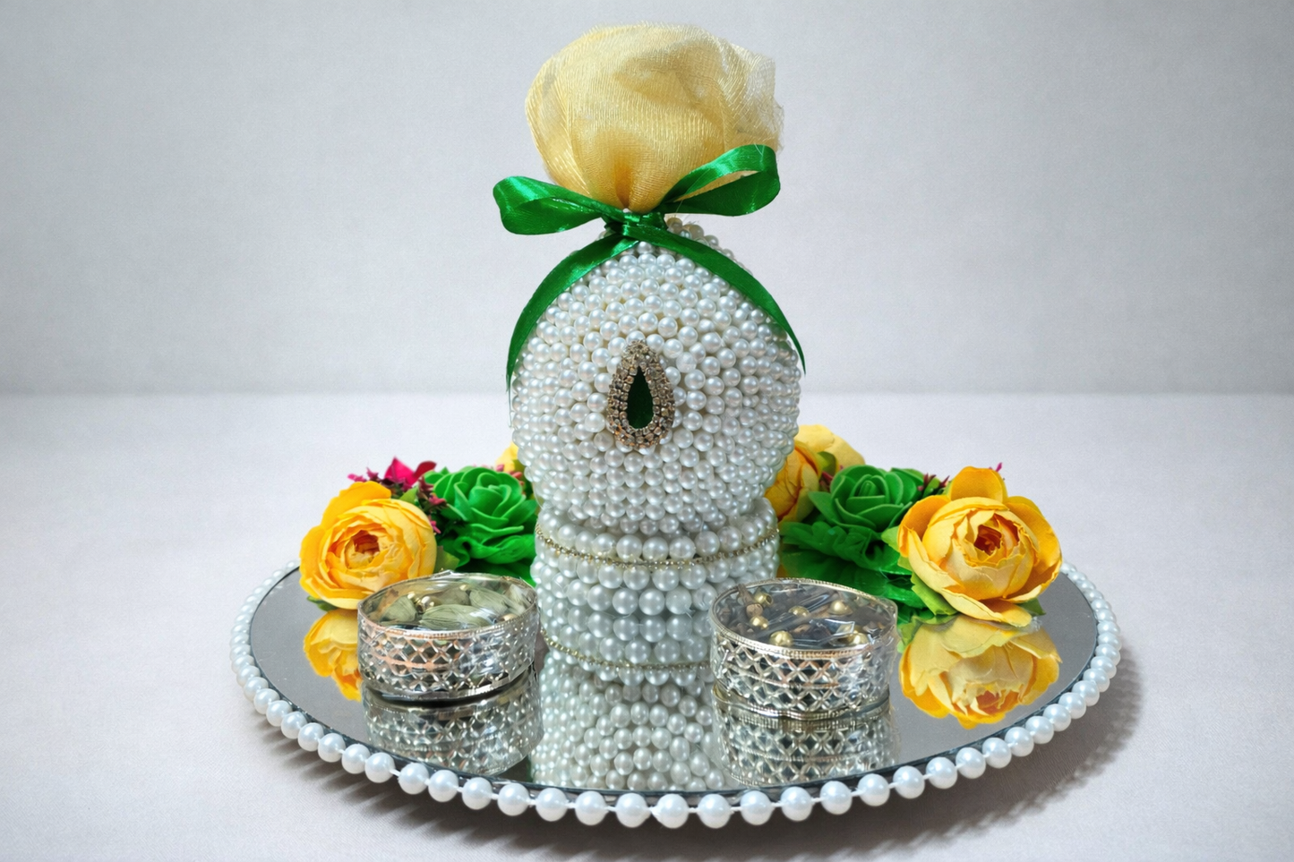 Pearl Embellished Shagun Nariyal on Glass Platter