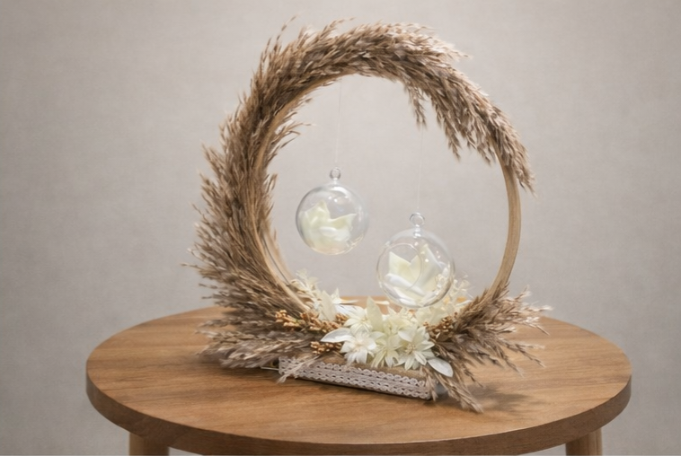 Boho Luxe Floral Ring Platter with Pampas Arch & Glass Orbs