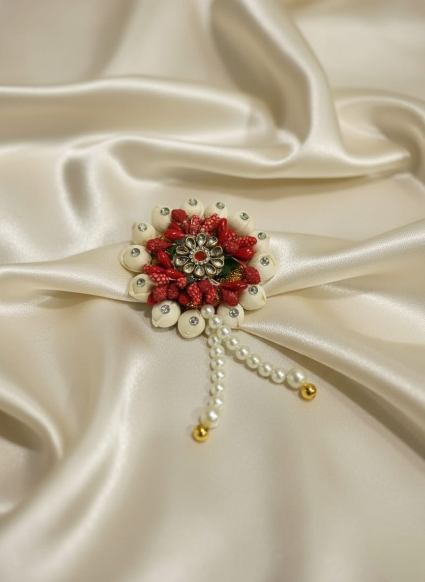 Craftifys™ Mogra Flower Brooch with Pearl Danglers – Red & Ivory Handcrafted Floral Brooch for Kurta, Sherwani & Wedding Welcome | Pack of 10