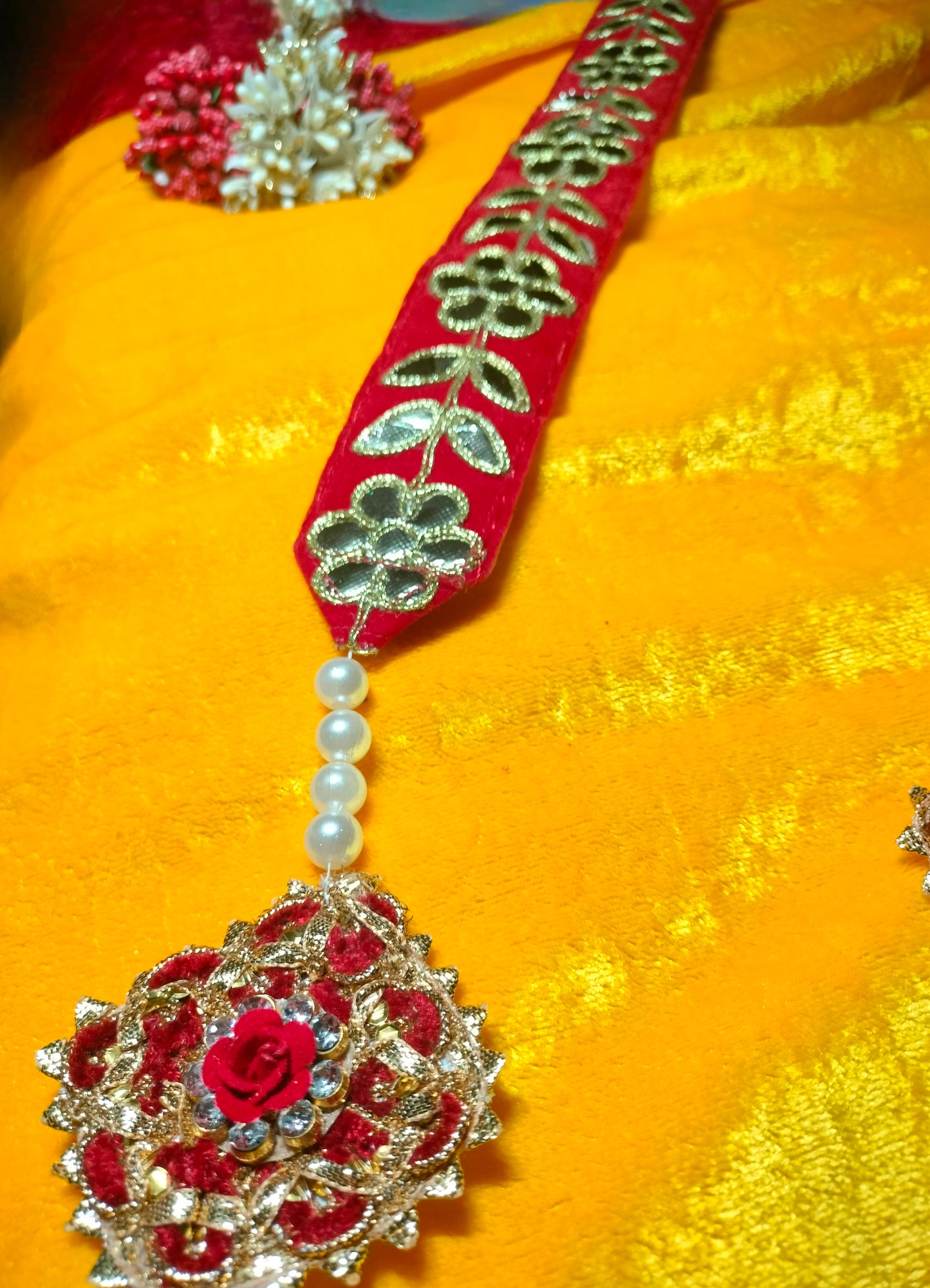 Craftifys™ Premium Floral Welcome Patka – Velvet Red & Gold Embroidered Swagat Stole with Pearl Latkans & Rose Motifs | Pack of 10 | Wedding Baraat, Pooja & Celebration Ceremony Scarf