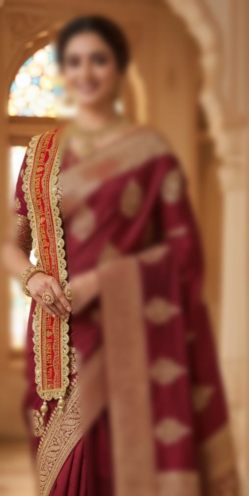 Craftifys Premium “Sada Saubhagyavati Bhava” Patka for Females – Red & Golden Velvet Welcome Patka with Zari, Mirror Work & Tassels  | Ladies Shagun & Wedding Ceremony Patka)