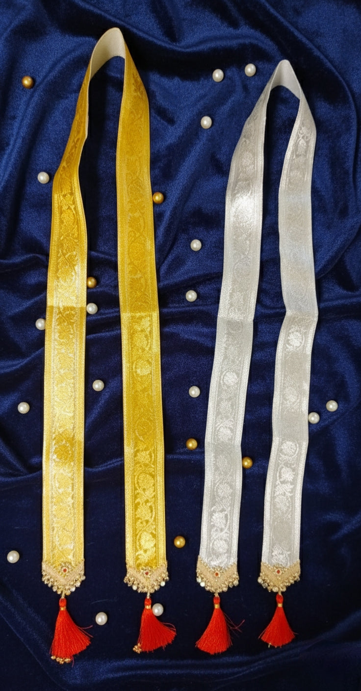 Welcome – Golden & Ivory Brocade Patka with Handcrafted Pearl Latkans & Red Tassels | Pack of 10 |