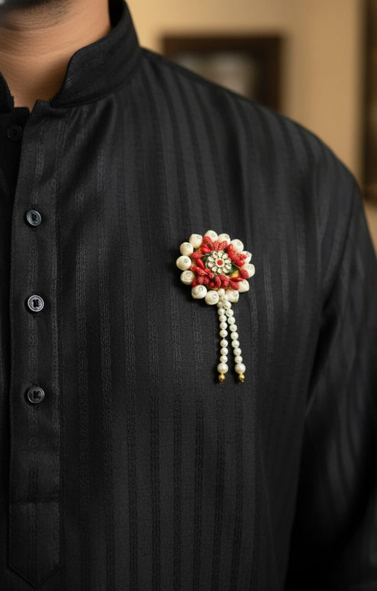Craftifys™ Mogra Flower Brooch with Pearl Danglers – Red & Ivory Handcrafted Floral Brooch for Kurta, Sherwani & Wedding Welcome | Pack of 10