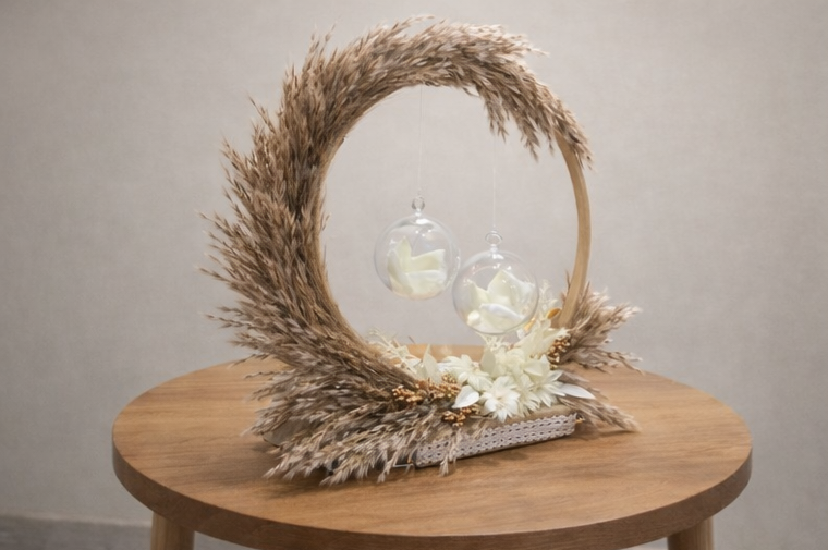 Boho Luxe Floral Ring Platter with Pampas Arch & Glass Orbs