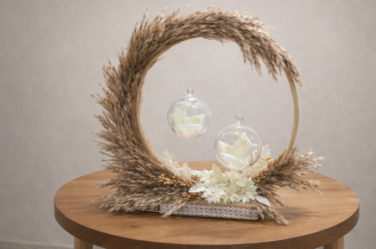 Boho Luxe Floral Ring Platter with Pampas Arch & Glass Orbs