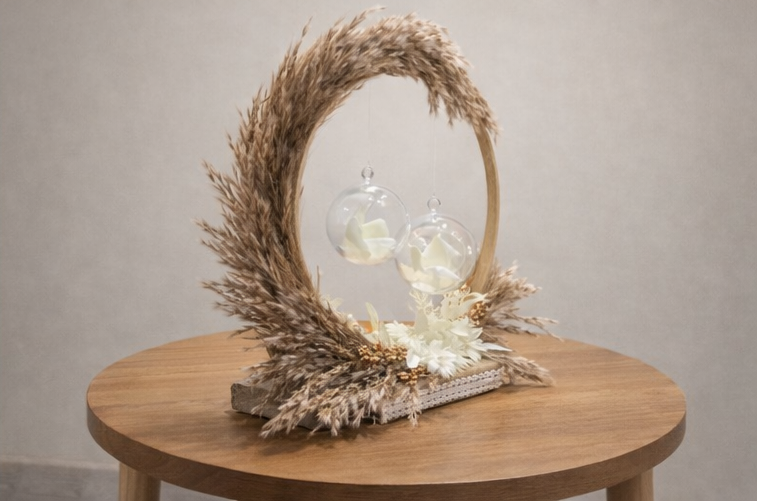 Boho Luxe Floral Ring Platter with Pampas Arch & Glass Orbs
