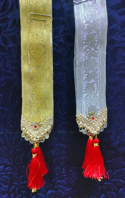 Welcome – Golden & Ivory Brocade Patka with Handcrafted Pearl Latkans & Red Tassels | Pack of 10 |