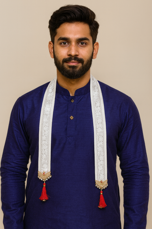 Welcome – Golden & Ivory Brocade Patka with Handcrafted Pearl Latkans & Red Tassels | Pack of 10 |