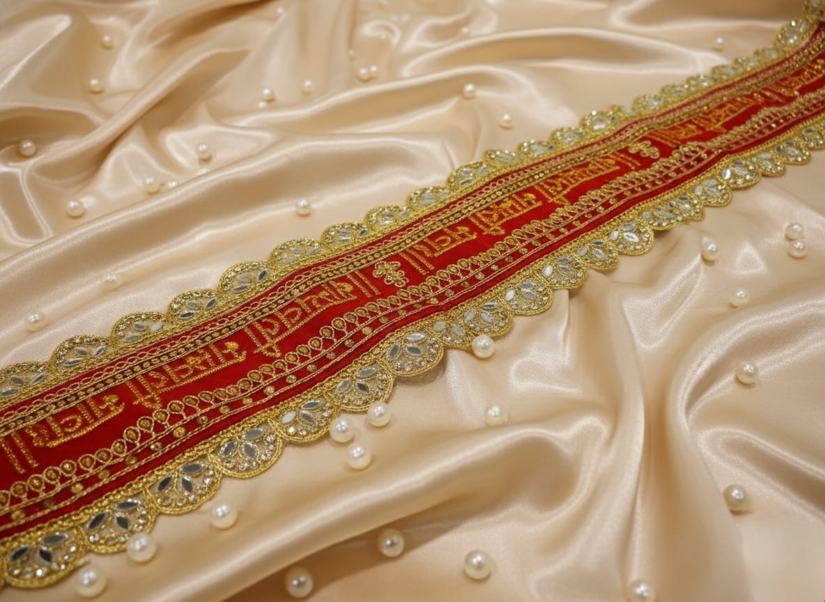 Craftifys Premium “Sada Saubhagyavati Bhava” Patka for Females – Red & Golden Velvet Welcome Patka with Zari, Mirror Work & Tassels  | Ladies Shagun & Wedding Ceremony Patka)