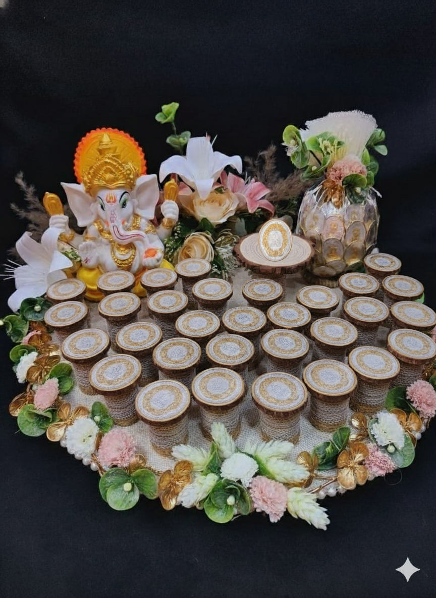 Luxury Silver Coin (Ginni) Platter with Real Wooden Base & Floral Décor