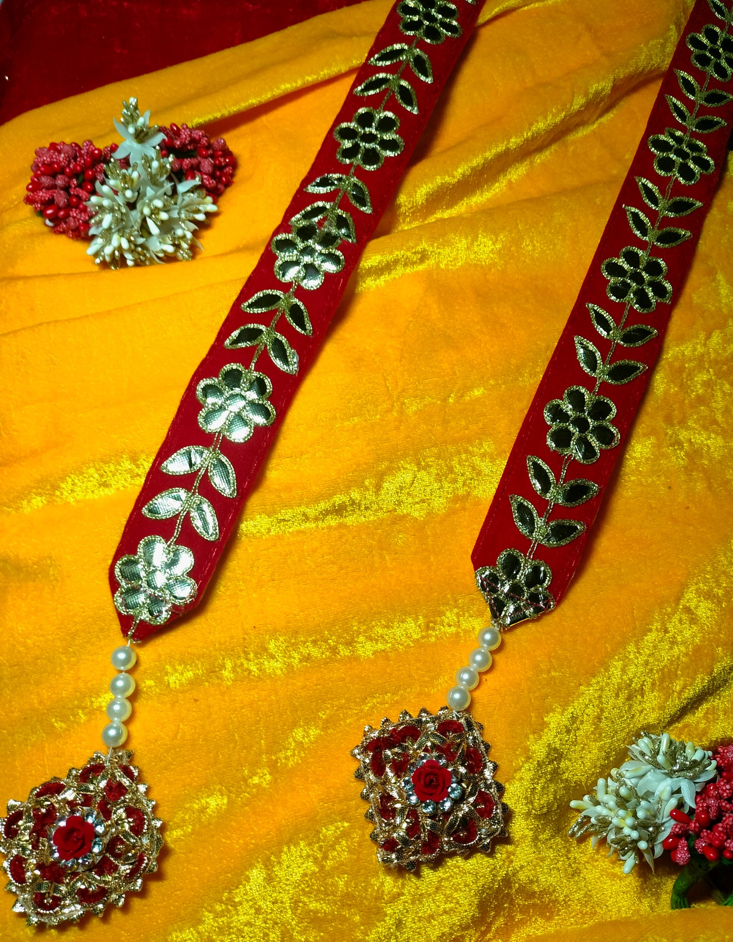 Craftifys™ Premium Floral Welcome Patka – Velvet Red & Gold Embroidered Swagat Stole with Pearl Latkans & Rose Motifs | Pack of 10 | Wedding Baraat, Pooja & Celebration Ceremony Scarf