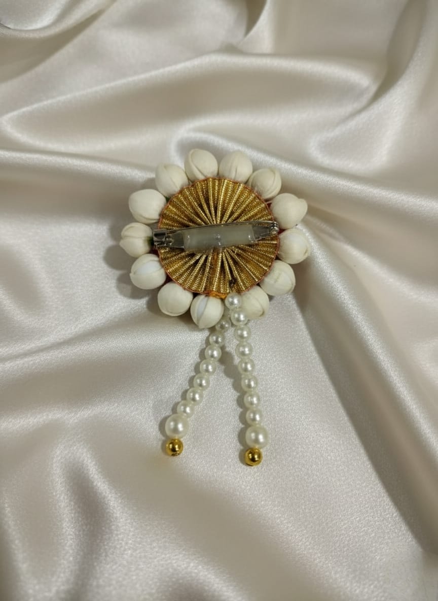 Craftifys™ Mogra Flower Brooch with Pearl Danglers – Red & Ivory Handcrafted Floral Brooch for Kurta, Sherwani & Wedding Welcome | Pack of 10